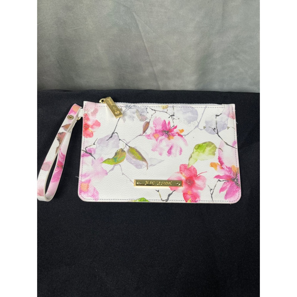 Betsey Johnson Floral Wristlet Pouch Watercolor White Gold Logo Bag